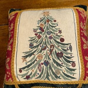 Festive Christmas Tree Decorative Tapestry Pillow 15x15 gold fringe